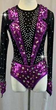Glamour dance costume purple black tuxedo rhinestone embellished child MC